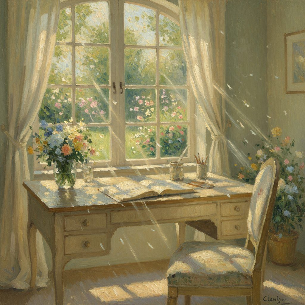A cozy writer's desk with an open journal and flowers
